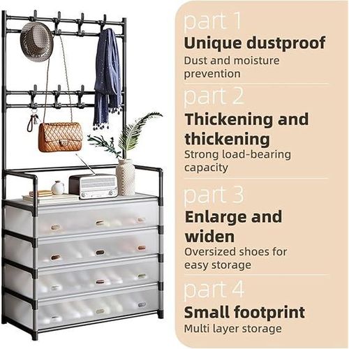 Metal Shoe Rack with Coat Hooks – Dustproof Entryway Shoe Cabinet & Organizer
