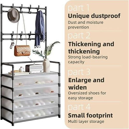 Metal Shoe Rack with Coat Hooks – Dustproof Entryway Shoe Cabinet & Organizer