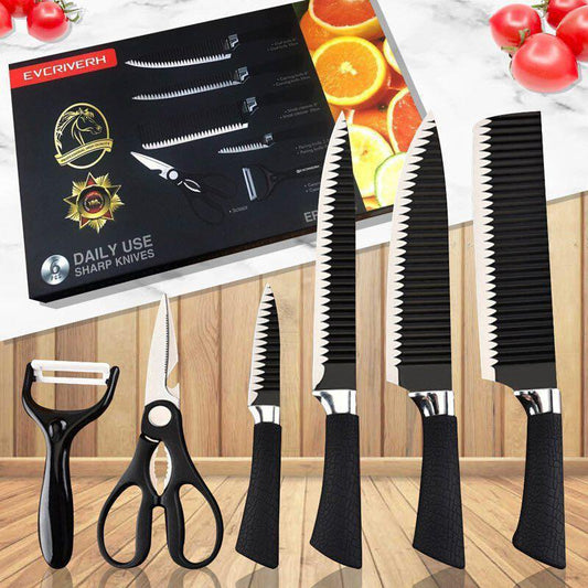 Imported Black Wavy 6-Piece Stainless Steel Knife Set – Stylish & Durable.