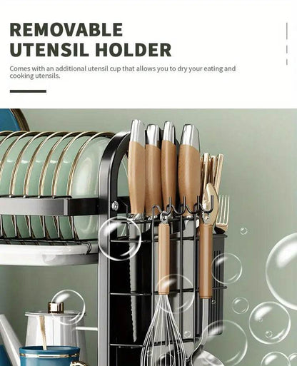 2-Tier Dish Drying Rack – Large Kitchen Organizer with Holders & Drain Trays