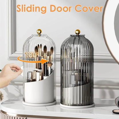 360° Rotating Makeup Brush Holder with Lid – Dustproof Vanity Organizer for Brushes & Cosmetics