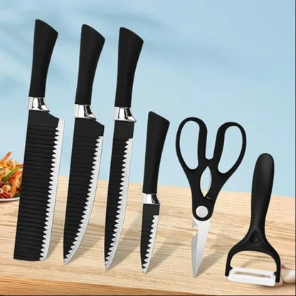 Imported Black Wavy 6-Piece Stainless Steel Knife Set – Stylish & Durable.