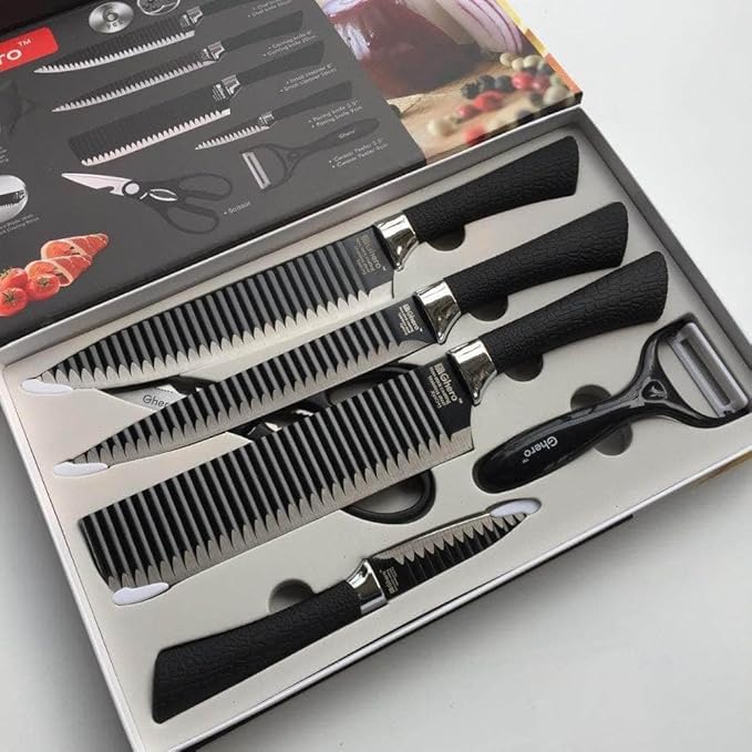 Imported Black Wavy 6-Piece Stainless Steel Knife Set – Stylish & Durable.
