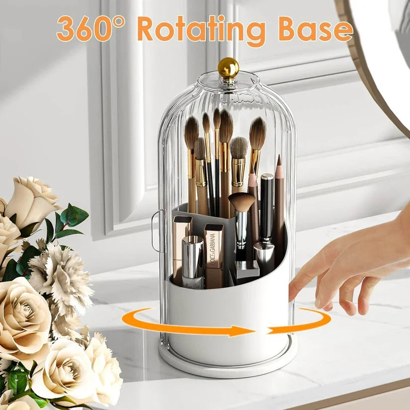 360° Rotating Makeup Brush Holder with Lid – Dustproof Vanity Organizer for Brushes & Cosmetics
