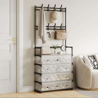 Metal Shoe Rack with Coat Hooks – Dustproof Entryway Shoe Cabinet & Organizer