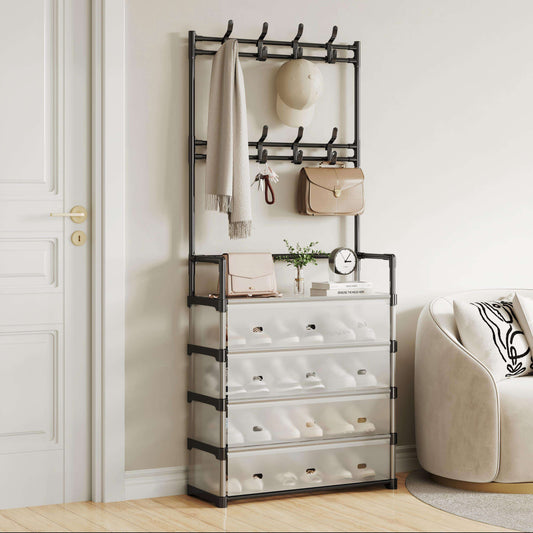 Metal Shoe Rack with Coat Hooks – Dustproof Entryway Shoe Cabinet & Organizer