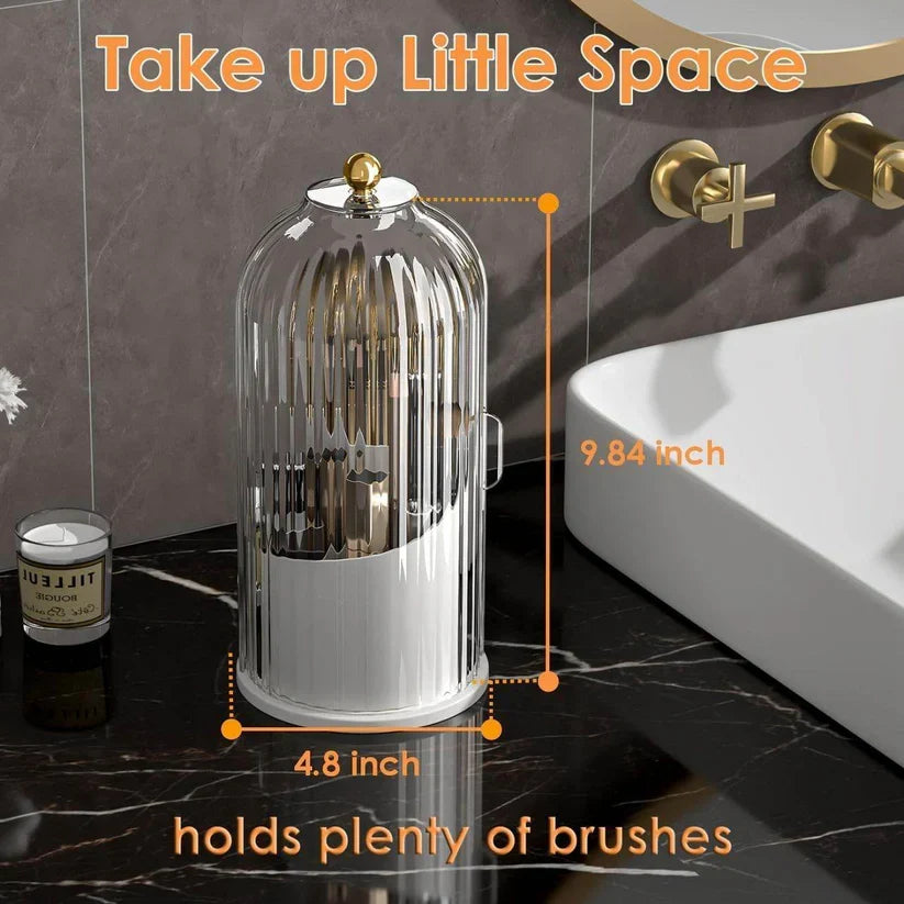 360° Rotating Makeup Brush Holder with Lid – Dustproof Vanity Organizer for Brushes & Cosmetics