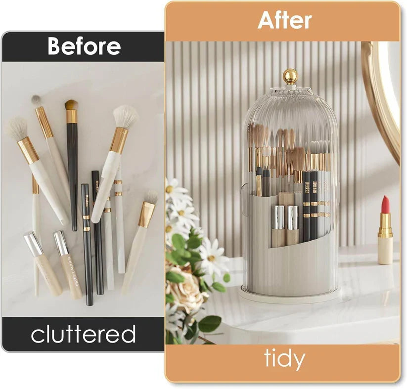 360° Rotating Makeup Brush Holder with Lid – Dustproof Vanity Organizer for Brushes & Cosmetics