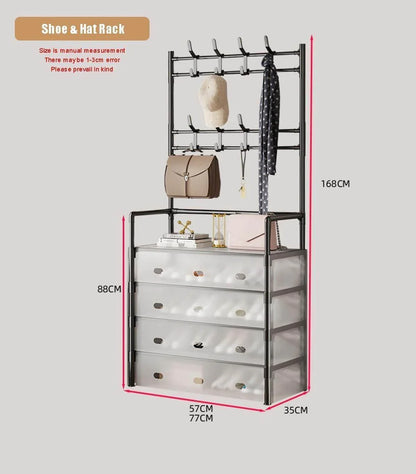 Metal Shoe Rack with Coat Hooks – Dustproof Entryway Shoe Cabinet & Organizer