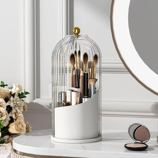360° Rotating Makeup Brush Holder with Lid – Dustproof Vanity Organizer for Brushes & Cosmetics