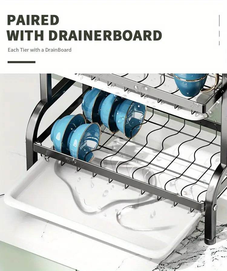 2-Tier Dish Drying Rack – Large Kitchen Organizer with Holders & Drain Trays