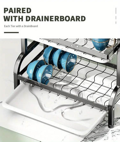 2-Tier Dish Drying Rack – Large Kitchen Organizer with Holders & Drain Trays