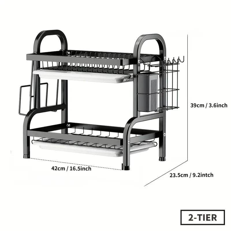 2-Tier Dish Drying Rack – Large Kitchen Organizer with Holders & Drain Trays