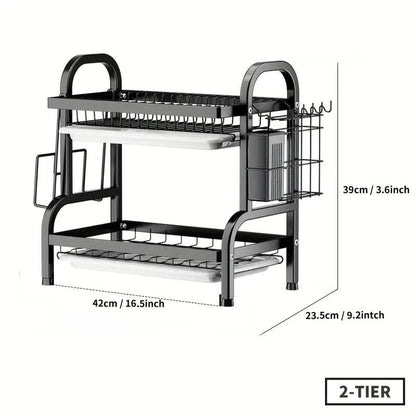 2-Tier Dish Drying Rack – Large Kitchen Organizer with Holders & Drain Trays
