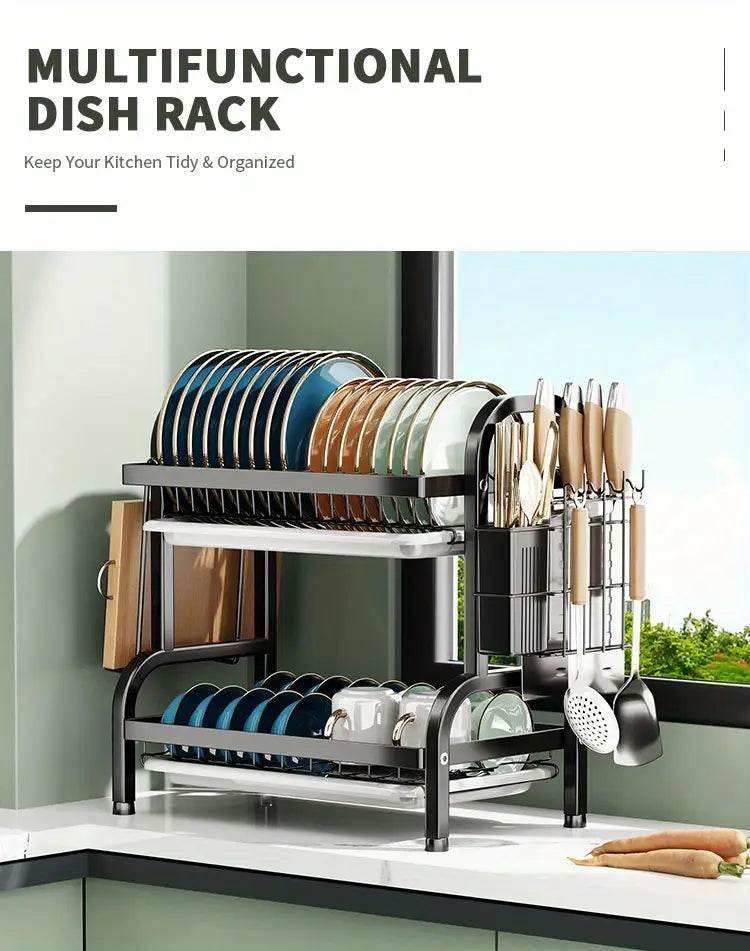 2-Tier Dish Drying Rack – Large Kitchen Organizer with Holders & Drain Trays