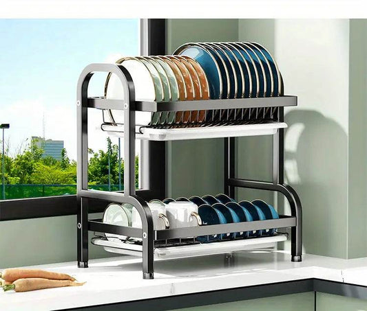 2-Tier Dish Drying Rack – Large Kitchen Organizer with Holders & Drain Trays