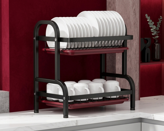 2-Tier Dish Drying Rack – Large Kitchen Organizer with Holders & Drain Trays