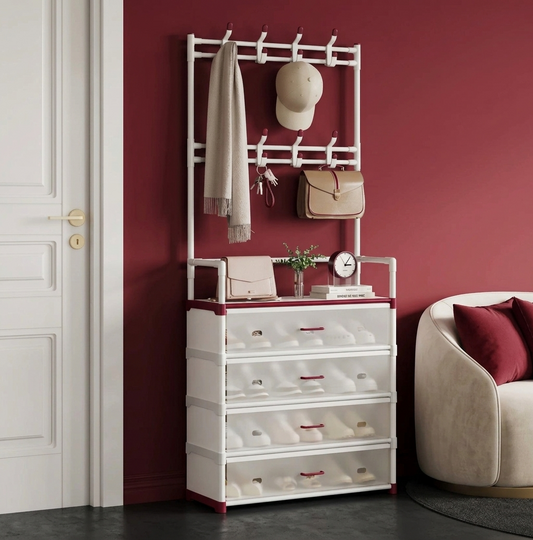 Metal Shoe Rack with Coat Hooks – Dustproof Entryway Shoe Cabinet & Organizer