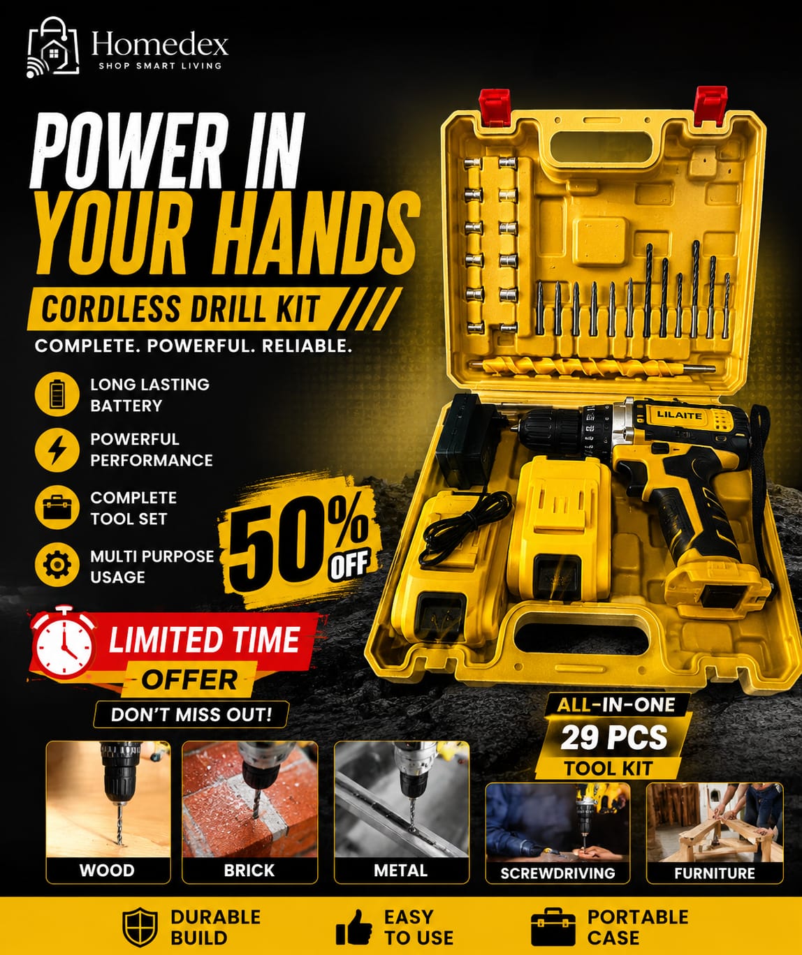 LILAITE Cordless Drill Machine & Screwdriver (Double Battery)— Complete Kit